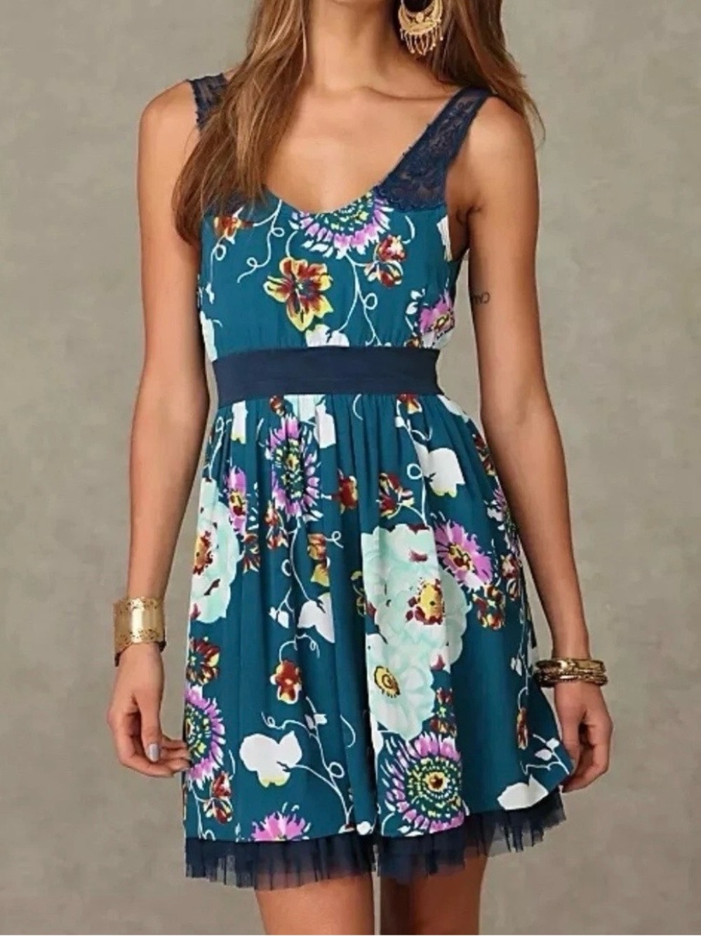 Free people fairy garden floral mini dress lace detail boho size 0